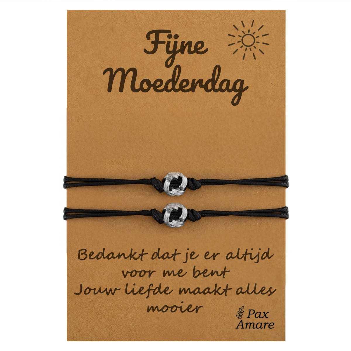 Moeder Dochter Armbandjes voor 2 "Fijne Moederdag" - Knoopjes - Moeder Kind Armbandjes met Persoonlijk Cadeau Kaartje voor mama - Zilverkleurig - Elastisch Verstelbaar - Pax Amare