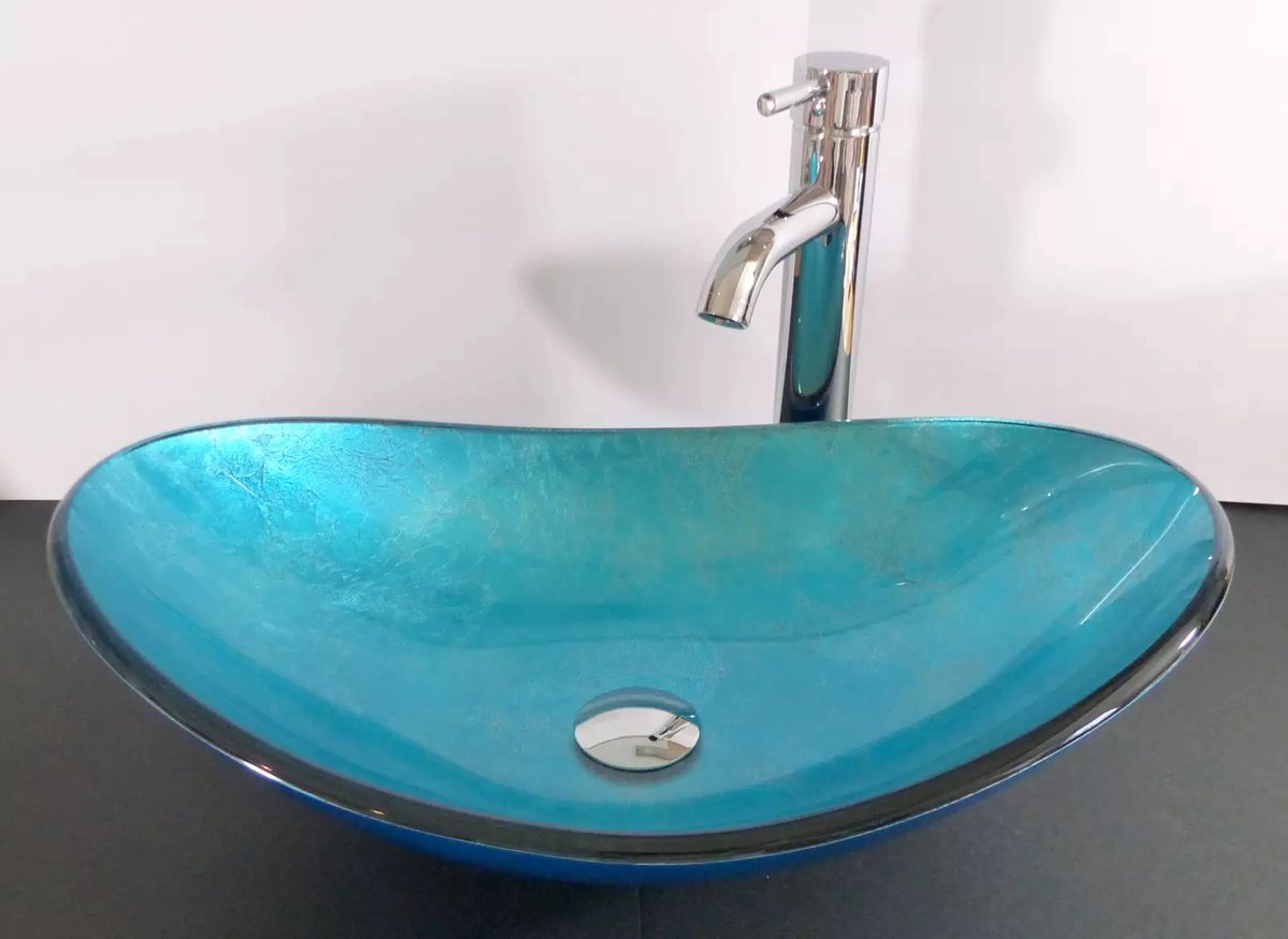 Opbouw Glazen Waskom wastafel wasbak ovaal Blauw 53x35 cm met hoge gouden kraan afvoerplug complete set AANBIEDING