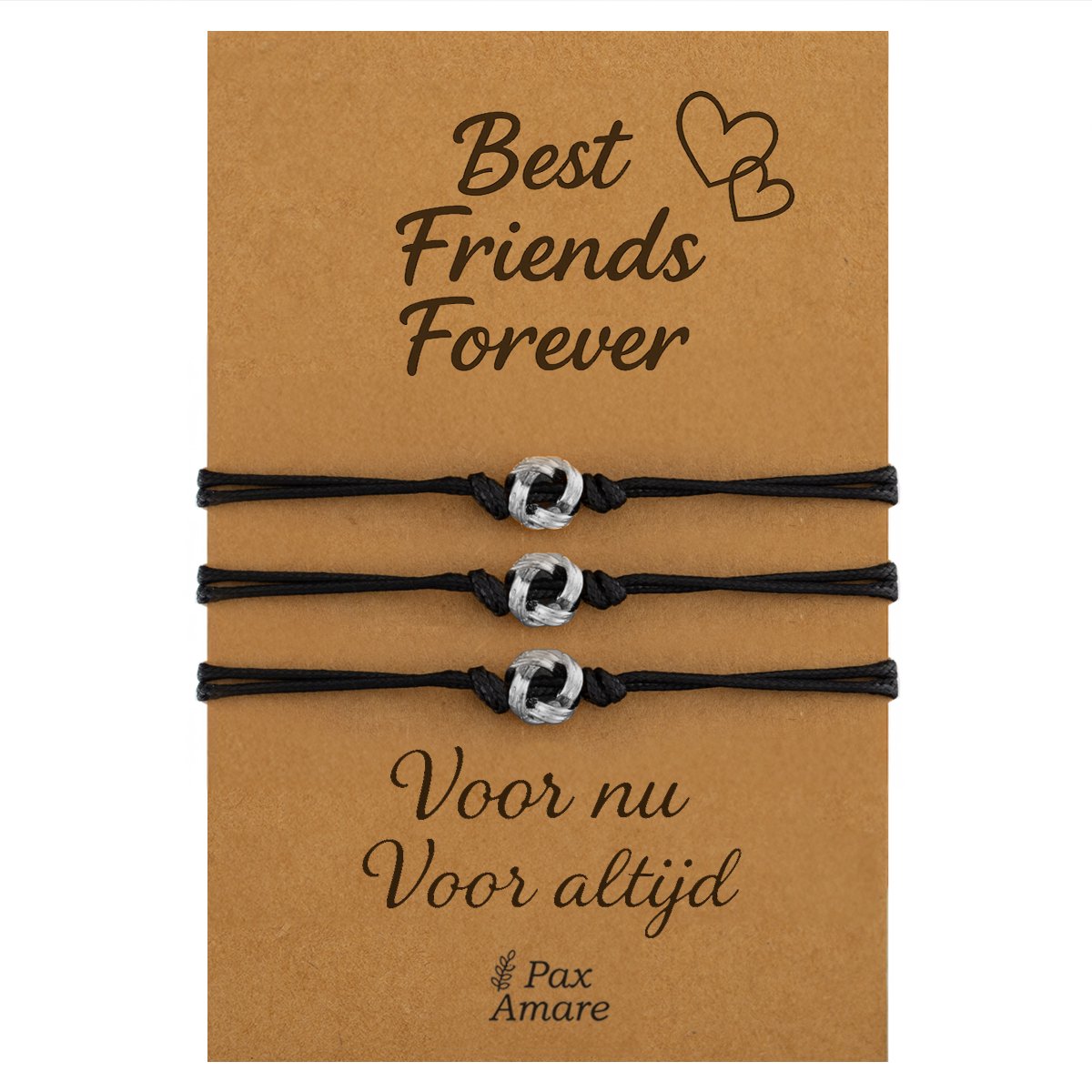 Vriendschapsarmbandjes voor 3 "Best Friends Forever" - Knoopjes - BFF Armbandjes met Persoonlijk Cadeau Kaartje - Zilverkleurig - Elastisch Verstelbaar - Pax Amare