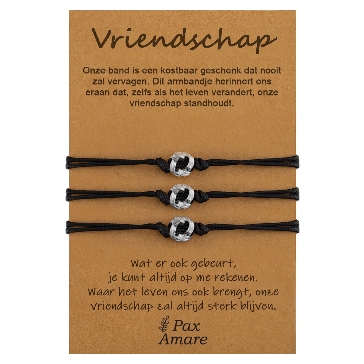Vriendschapsarmbandjes voor 3 "Vriendschap" - Knoopjes - BFF Armbandjes met Cadeau Kaartje - Zilverkleurig - Elastisch Verstelbaar - Pax Amare