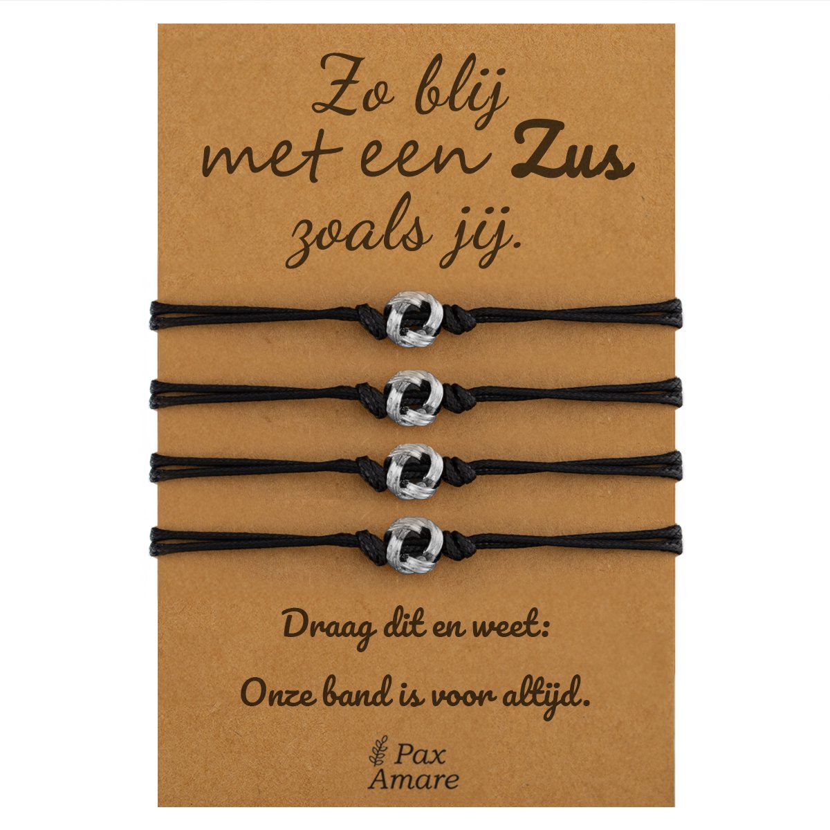Vriendschapsarmbandjes voor 4 "Zo blij met een zus zoals jij" - Knoopjes - Sisters Armbandjes met Cadeau Kaartje - Zilverkleurig - Elastisch Verstelbaar - Pax Amare