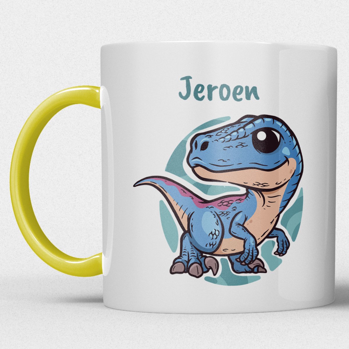 kindermok/kinderbeker | gepersonaliseerd met naam | met dino/dinosaurus/t-rex | geel | Schattige illustraties