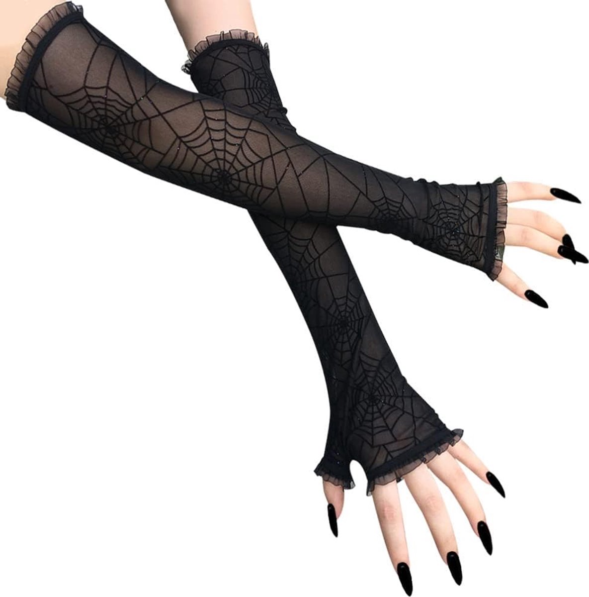 Daity Dames Halloween handschoenen - elegante lange handschoenen - armwarmers - zonwerende zwarte mesh autohandschoenen - zomerhandschoenen - feestaccessoires - rollenspellen - kostuumaccessoires - maskeradekostuums