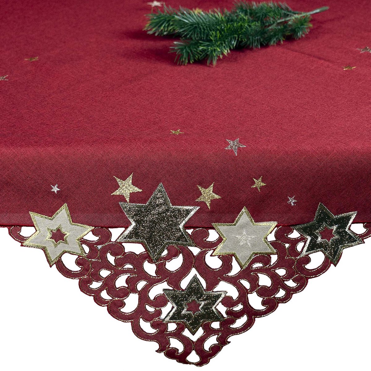 Tafelkleed - Kerst - Linnenlook - Rood met sterren in goud en koper - Vierkant 85 x 85 cm