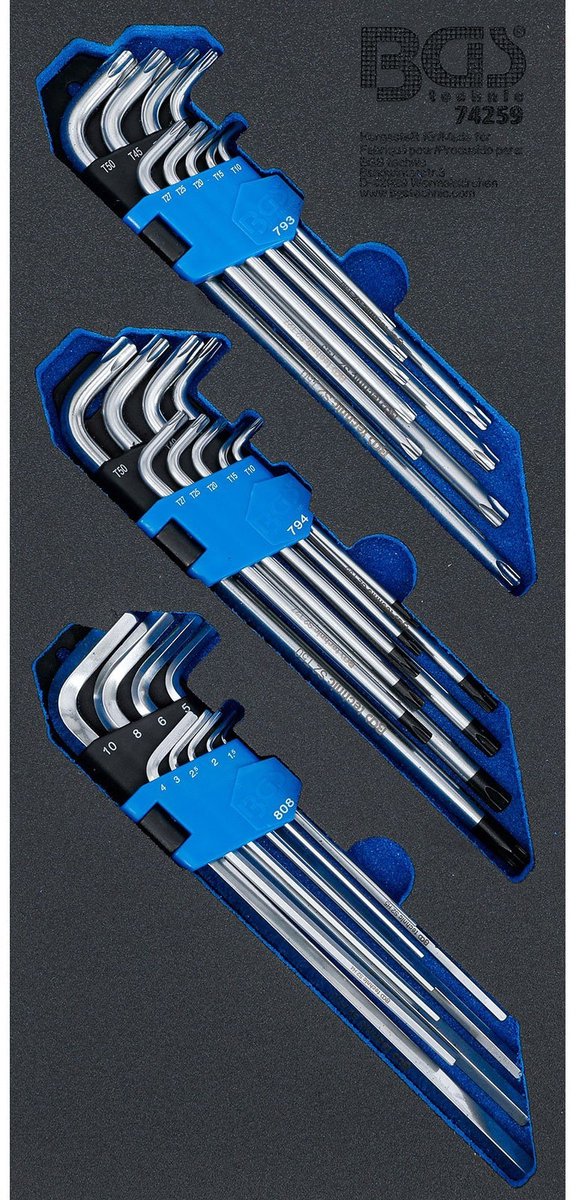 BGS Werkplaatswageninleg 1/3: Haakse sleutelset extra lang T-profiel (voor Torx) / T-profiel (voor Torx) met boring / binnenzeskant 27-delig - 74259
