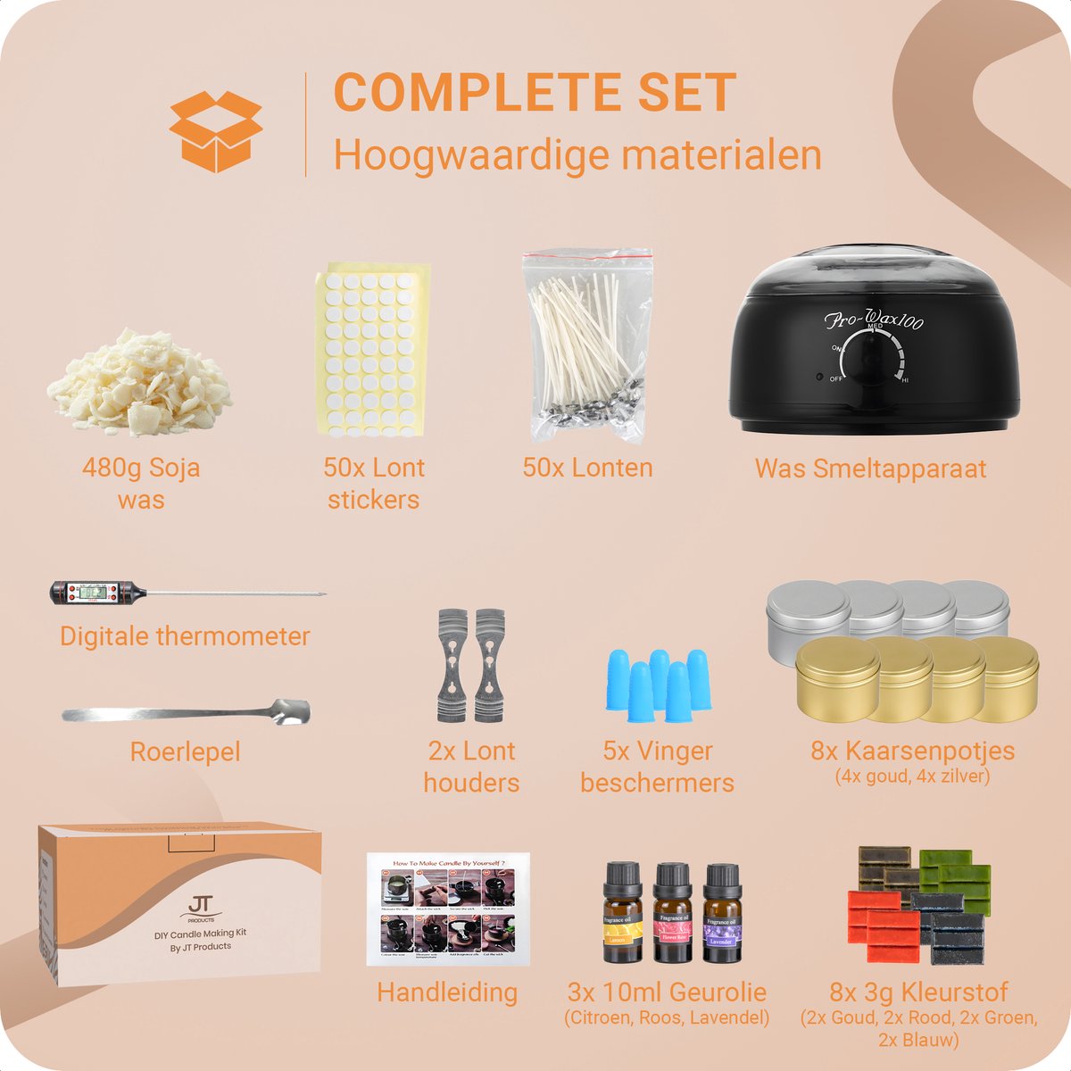 JT Products Kaarsen Maken Set - Inclusief 480 Gram Soja Wax - Inclusief Wax Smeltapparaat - E-Book - Kaarsen Maken Voor Volwassenen - Kaarsen Maken Starterspakket - Geurkaars - Candle Making Kit - DIY - Moederdag Cadeau - Cadeautje Voor Mama — afbeelding 3