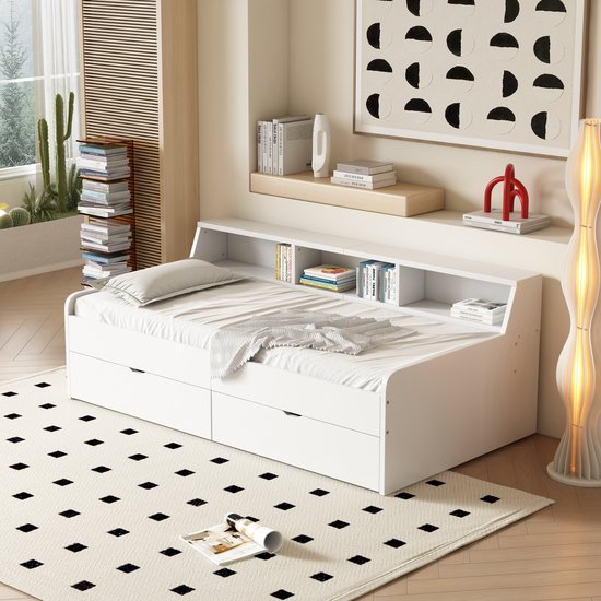 Canapé-lit 90x200 cm - lit simple - avec deux tiroirs - avec rangement - blanc - sans matelas