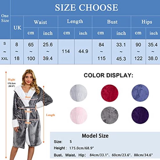 RONGTAI Pluche fleece badjas met capuchon voor dames, lange ochtendjas met twee zijzakken, Grijs, S RONGTAI Pluche fleece badjas met capuchon voor dames, lange ochtendjas met twee zijzakken, Grijs, S