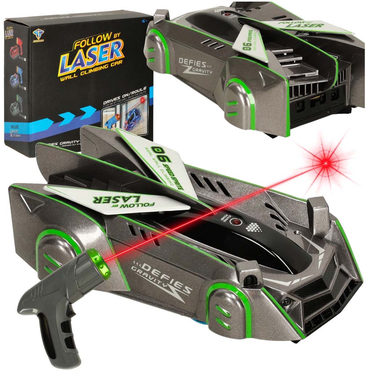 SF Gravity Defying Wall Climbing RC Auto – Bestuurbare Auto - Op Afstand Bestuurbare Auto die Rijdt op Muren, Plafond & Vloer – Laser Besturing – LED Effecten – Oplaadbaar – Grijs – Innovatief Speelgoed voor Kinderen + E-Book