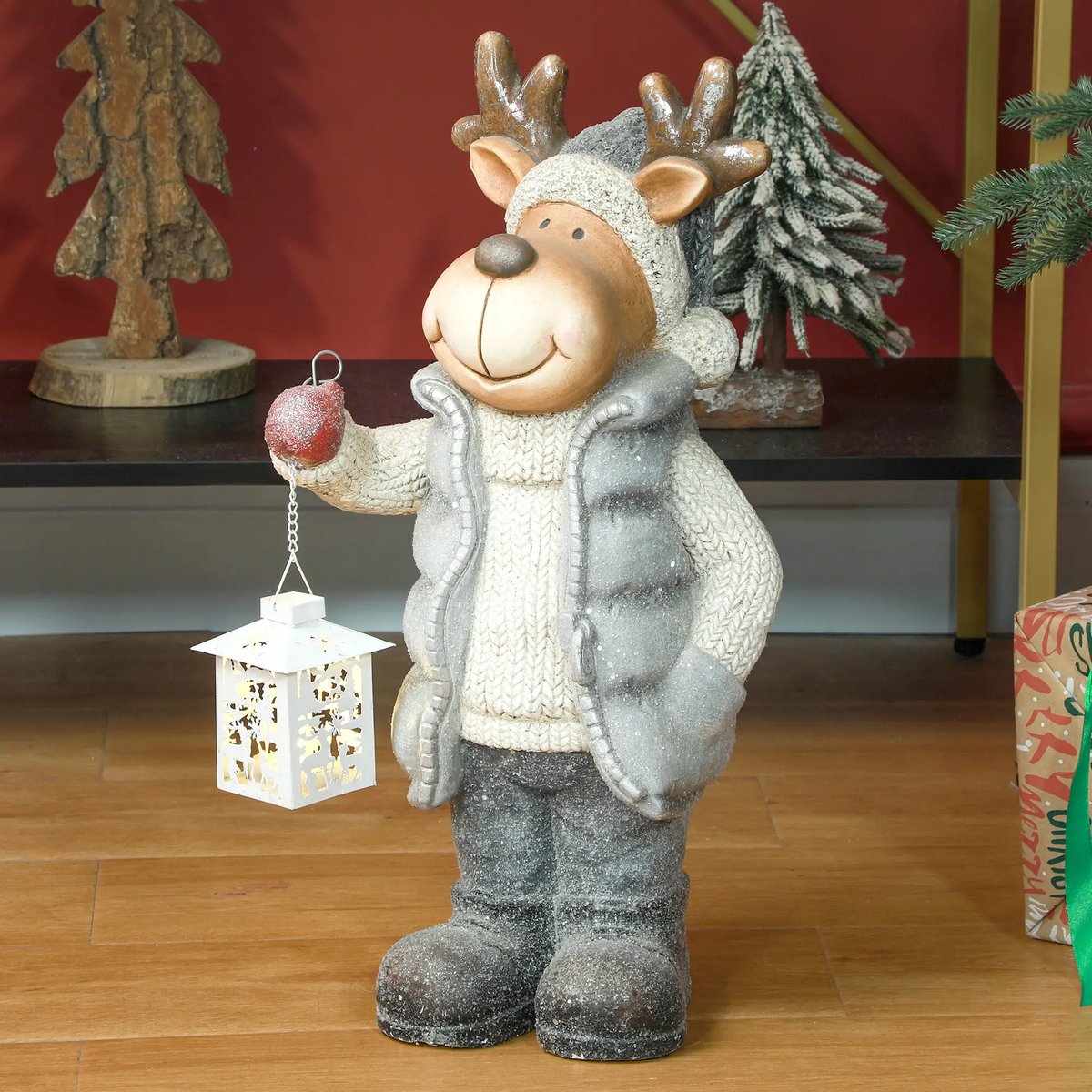 Pugsdrly Kerstdecoratie, rendier met lantaarn, led, werkt op batterijen, 25,5 x 19,5 x 52 cm