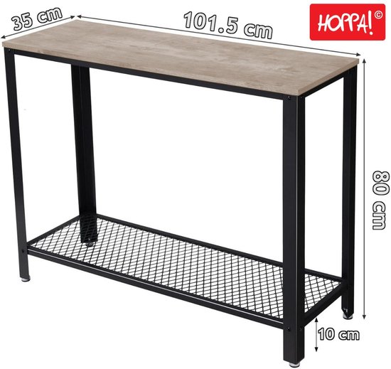 Een console tafel met een lichtbruin houten blad en een zwart metalen frame. Afmetingen 101,5 x 35 x 80 cm.