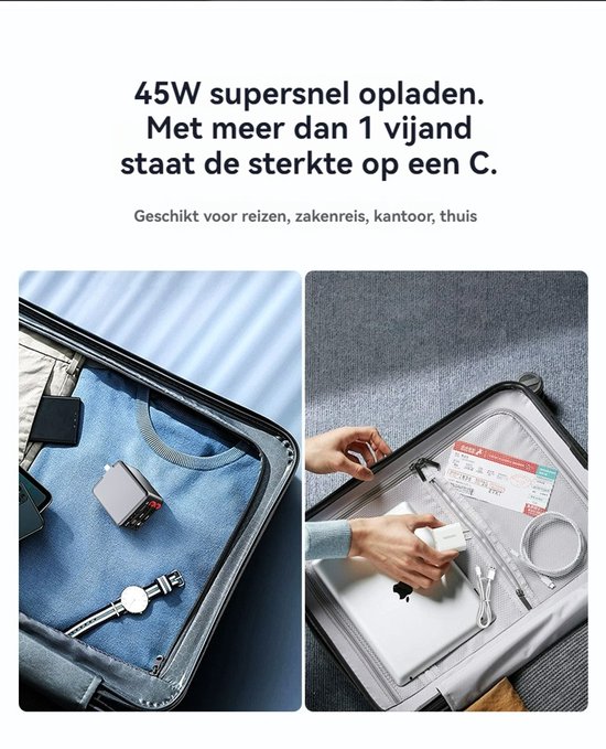 Een reiskoffer met de grijze GaN-oplader, een horloge en kleding, en een andere koffer met een laptop en kabels.