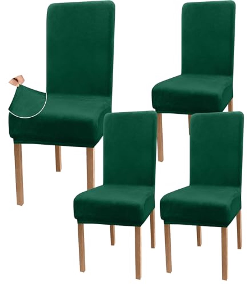 Fluwelen stretch eetkamerstoelhoezen - Luxe armloze stoelbescherming (set van 4, donkergroen)