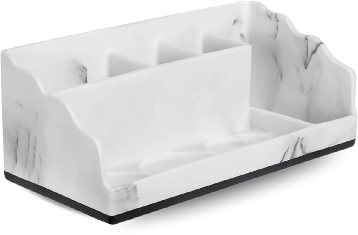 JustValue Badkamer Organizer - Tandenborstelhouder - Meerdere Vakken - Antislip - Met Drainagegaten - Voor Elektrische Tandenborstels - Make-Up - Kwasten - Marmerlook -Wit