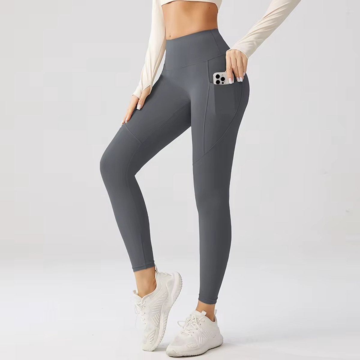 Sportlegging met zakje dames - Sportkleding dames - Sportbroek dames - High waist Sportlegging - Shape legging - Hardloopbroek dames - yoga legging dames - Grijs Maat L - Gym Revolution