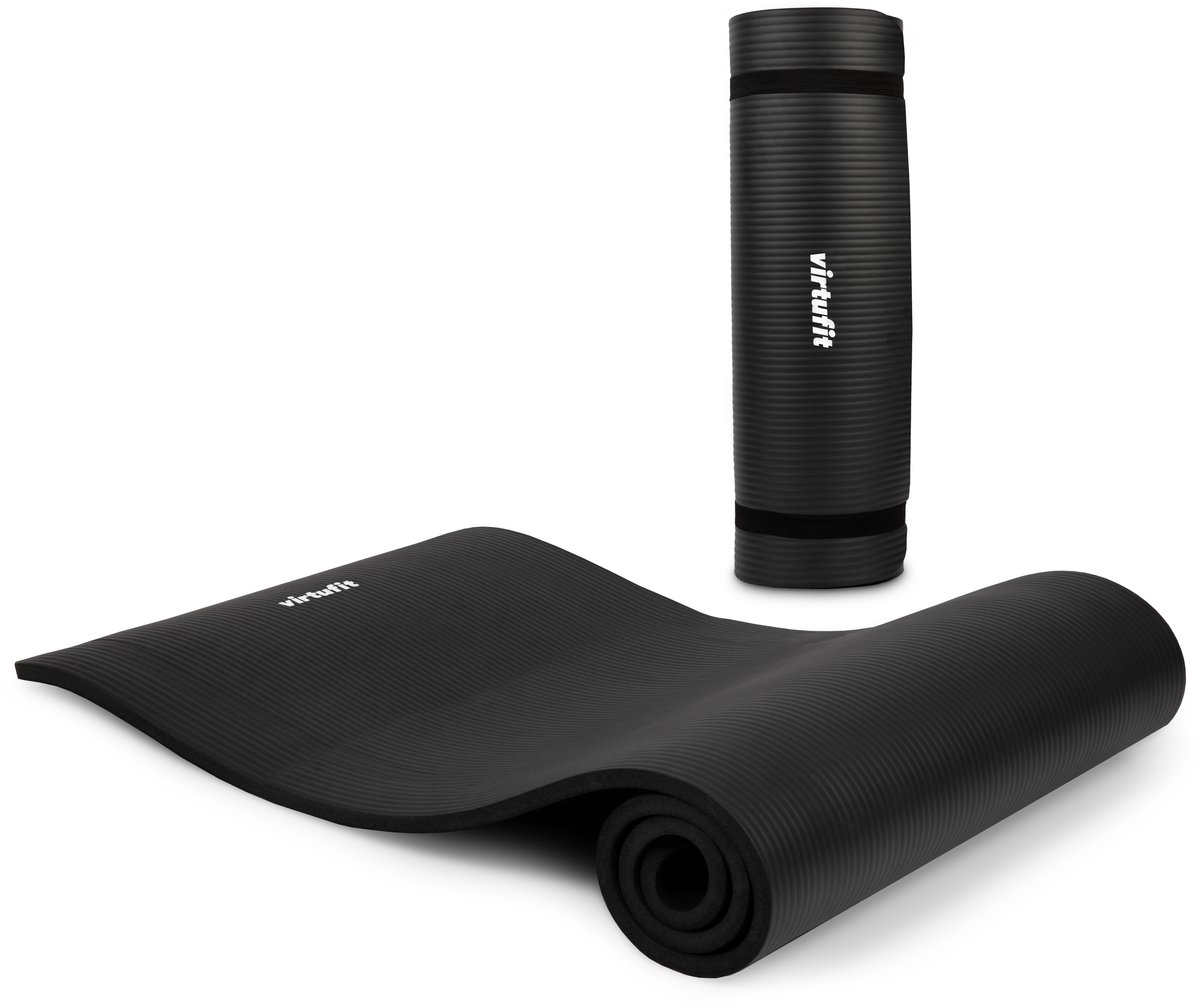 VirtuFit NBR Fitnessmat - 180 x 60 x 1.5 cm - Yogamat met Draagkoord - Zwart - Gratis Trainingsvideo's