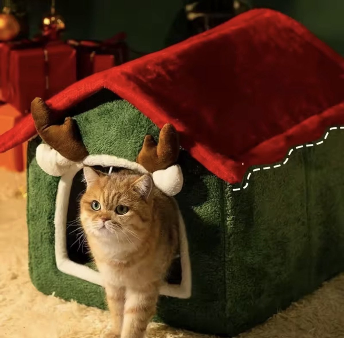 Luxe Kerst Kattenmand / Huisje - Pluche Rendier Design - Groen & Rood - Grote Maat (40x35x38 cm) - Opvouwbaar - Warme Hondenmand – foto 4
