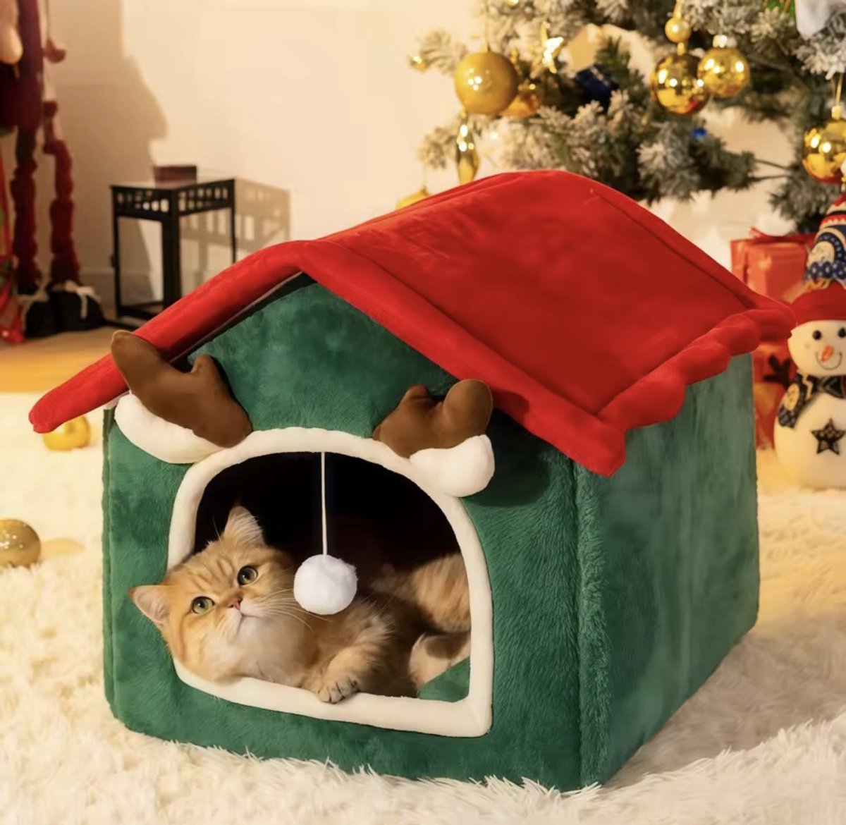 Luxe Kerst Kattenmand / Huisje - Pluche Rendier Design - Groen & Rood - Grote Maat (40x35x38 cm) - Opvouwbaar - Warme Hondenmand