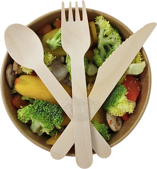KURTT - Ensemble de couverts en bois - 100 fourchettes, cuillères et couteaux jetables - Bio, certifié FSC - goedkopedisposable.nl