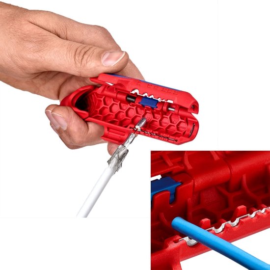 Ingezoomde afbeelding van een rood ontmantelingsgereedschap met blauw inzetstuk en een kabel.