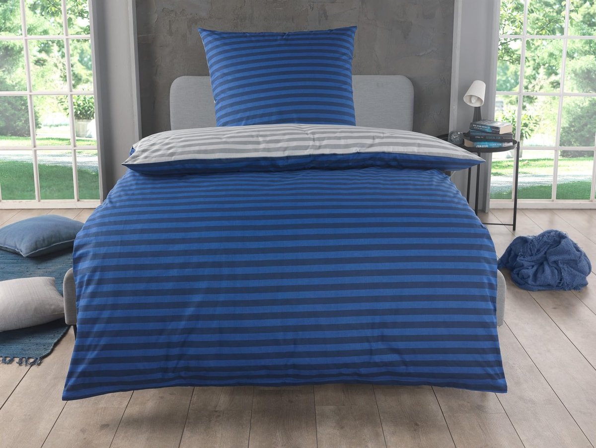 Ibenzoa Omkeerbaar katoenen beddengoed met strepenpatroon voor een frisse slaapkamer blauw
