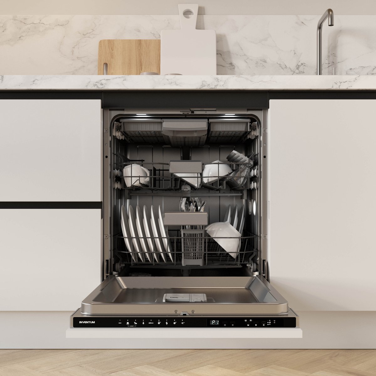 Inventum IVW6060A energiezuinige inbouw vaatwasser - 14 couverts - Volledig integreerbaar - Besteklade-Bestekmand - Stil: 42 dB - 9 programma’s - Max nishoogte 87 cm - Binnenverlichting - Projectie vloer - Extra droog optie - Energielabel A — afbeelding 2