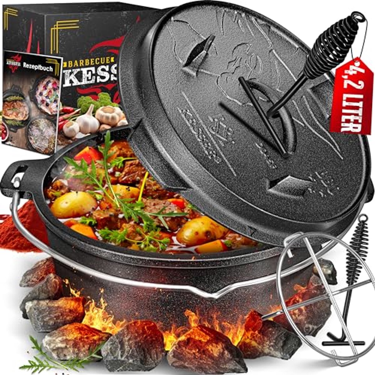 Dutch Oven set - Multifunctionele gietijzeren braadpan met thermometerdoorvoer voor binnen en buiten