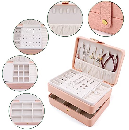 Aucuu sieradenbox/organizer, mini PU lederen reissieraden opbergdoos, dubbellaagse sieraden tas voor vrouwen en meisjes' ringen, oorbellen, kettingen, armbanden - groen
