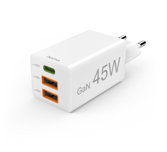 Hama 45W GaN Snellader - 1x USB-C PD, 2x USB-A QC - mini - Wit