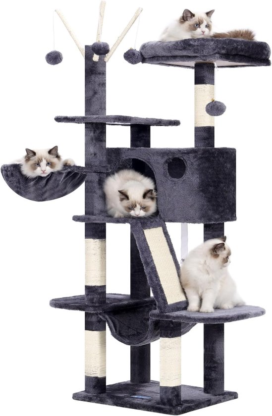 Hey-Brother MPJ019-SW Krabpaal voor katten binnen, 135 cm met gevoerd platform, speelgoedbal, holletjes, hangmat en kattenhuis van sisal, lichtgrijs