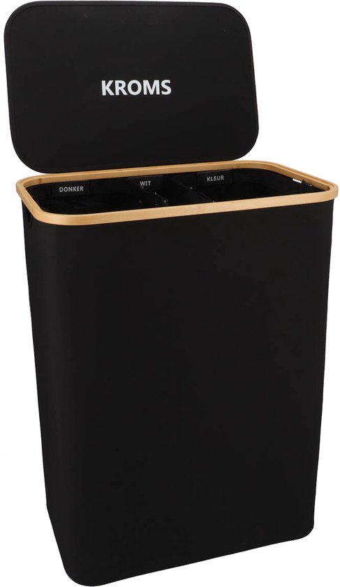 KROMS Wasmand 3 vakken 160L - Beige - Extra groot model - Inclusief NL & ENG Labels – Wassorteerder bamboe - Laundry basket - Wasmand met deksel - Opvouwbaar