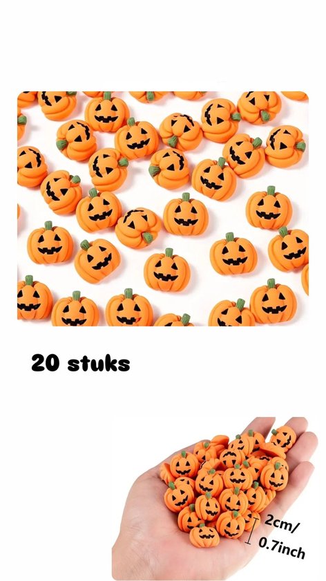 Mini oranje pompoen decoraties met gezichten, ca. 2cm groot. "20 stuks" tekst.