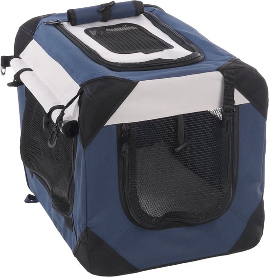 Blauwe honden reismand met grijze en zwarte accenten, netstof zijkanten en ritsen.