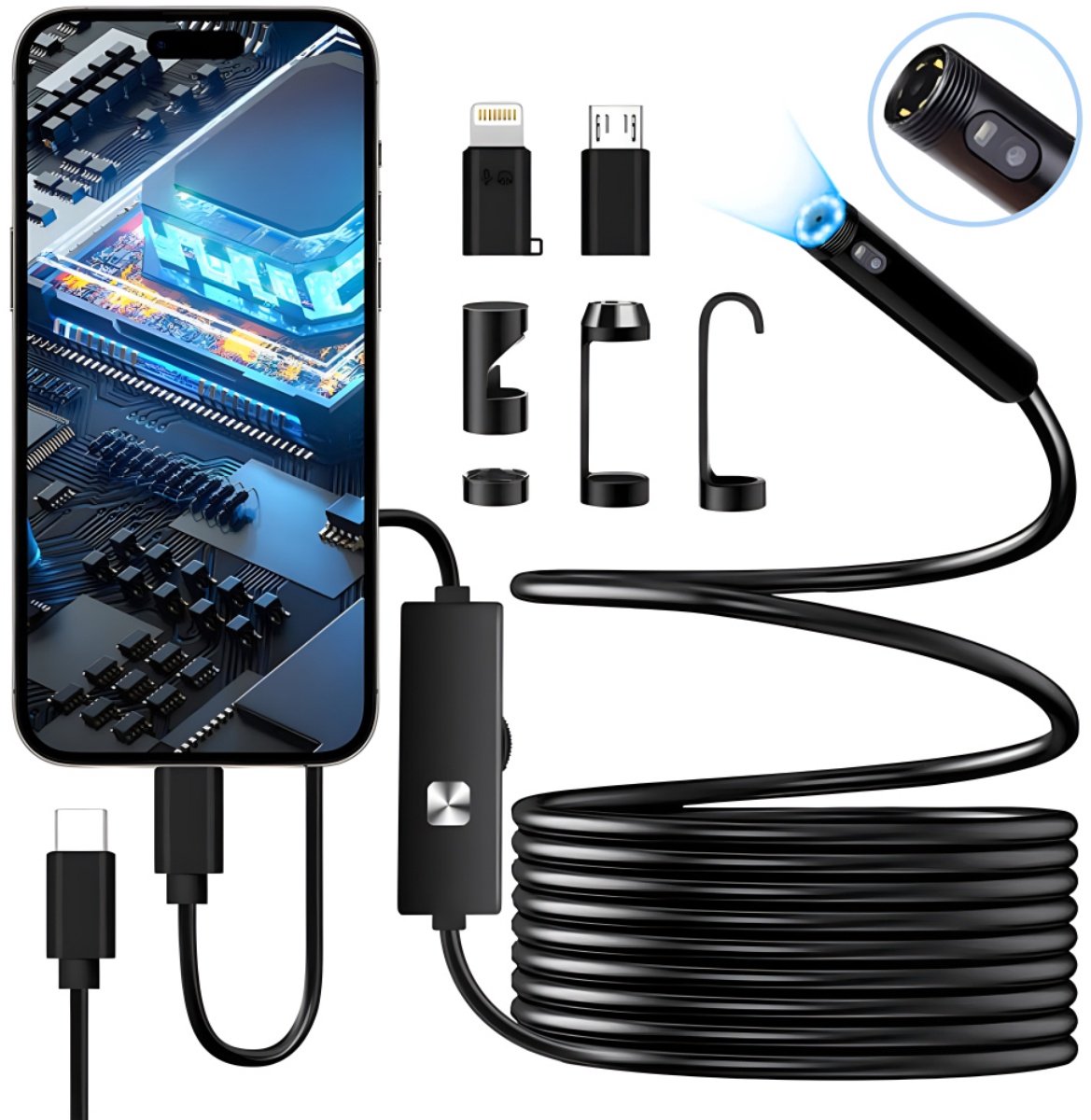 EXCITAT Endoscoop - Endoscoop camera - HD borescoopcamera - met 8 verstelbare ledlampjes - Geen wifi nodig - Geschikt voor Android en iOS - 10 m