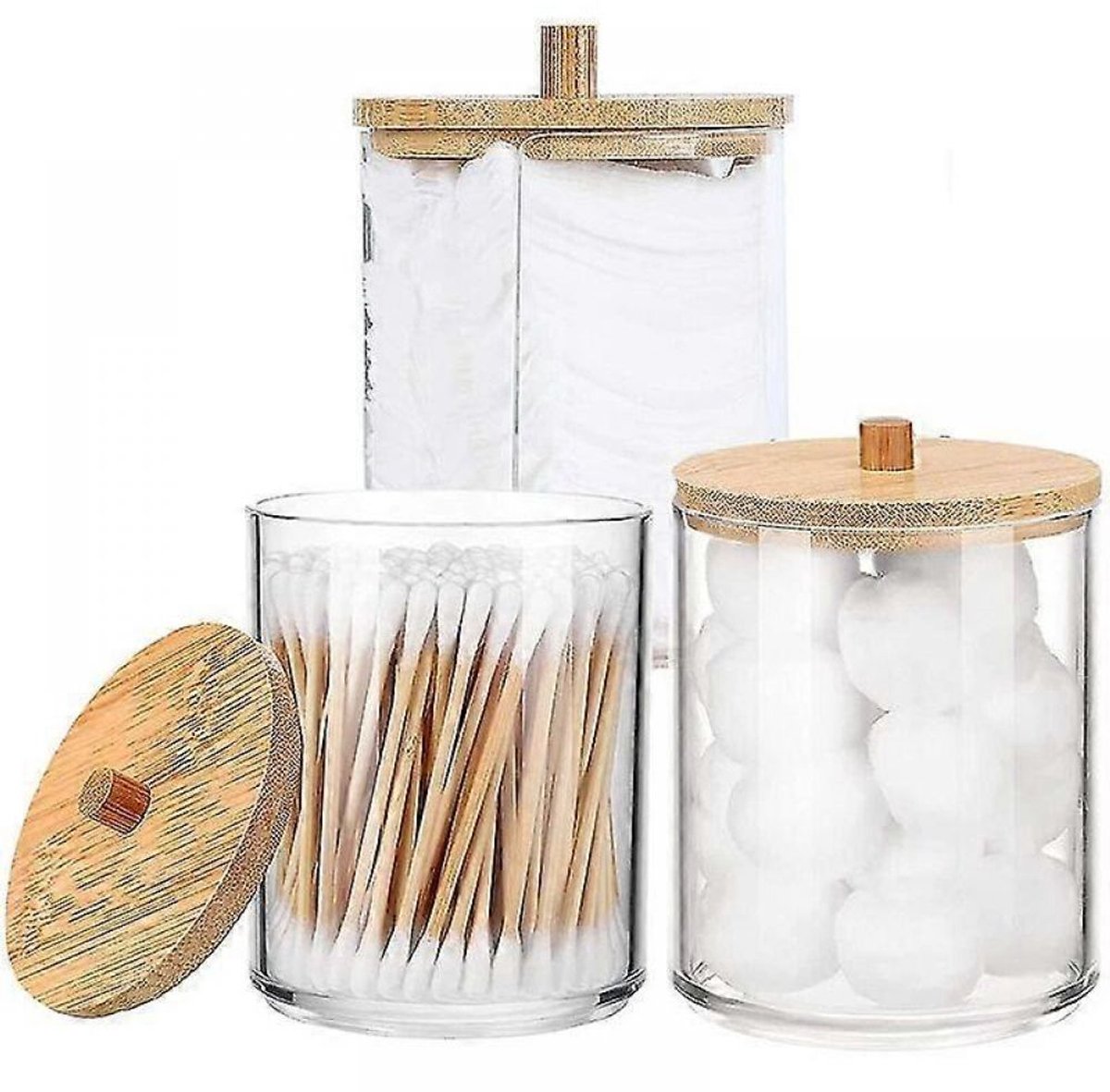 Peysaitr - Wattenstaafjes houder - opbergdoos - Deksel van bamboe - Wattenstaafjes houder met deksel - transparante wattenschijfdispenser - Houder voor watten, wattenstaafjes of sieraden - 3 stuks