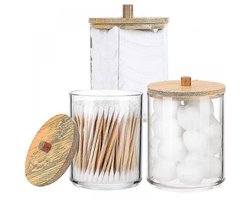 Peysaitr - Wattenstaafjes houder - opbergdoos - Deksel van bamboe - Wattenstaafjes houder met deksel - transparante wattenschijfdispenser - Houder voor watten, wattenstaafjes of sieraden - 3 stuks