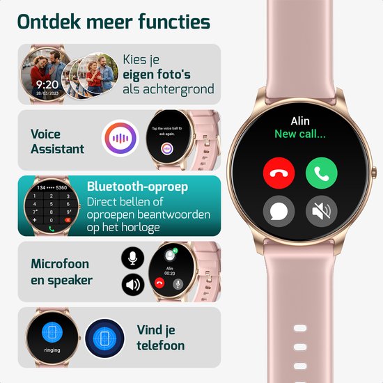 Roze smartwatch met gouden details, met functies zoals eigen foto's als achtergrond, Voice Assistant en Bluetooth-oproep.