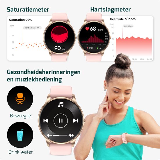 Roze smartwatch met gouden details op de pols van een vrouw, met saturatie- en hartslagmeter, en muziekbediening.
