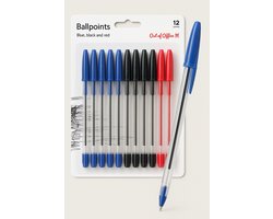 Balpennen - Pennen set 12-delig - Balpen set - 12 Stuks - Blauw, Rood & Zwart - Met Dop - Voordeelpack - Schoolpennen - Pen