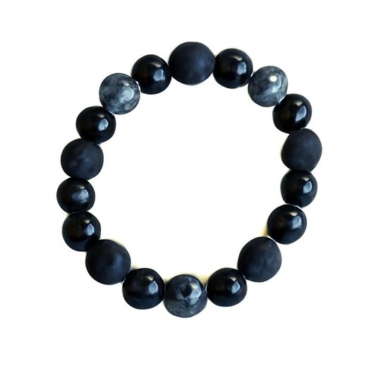 Armband van mat onyx en sneeuwvlok obsidiaan kralen van 8 mm.