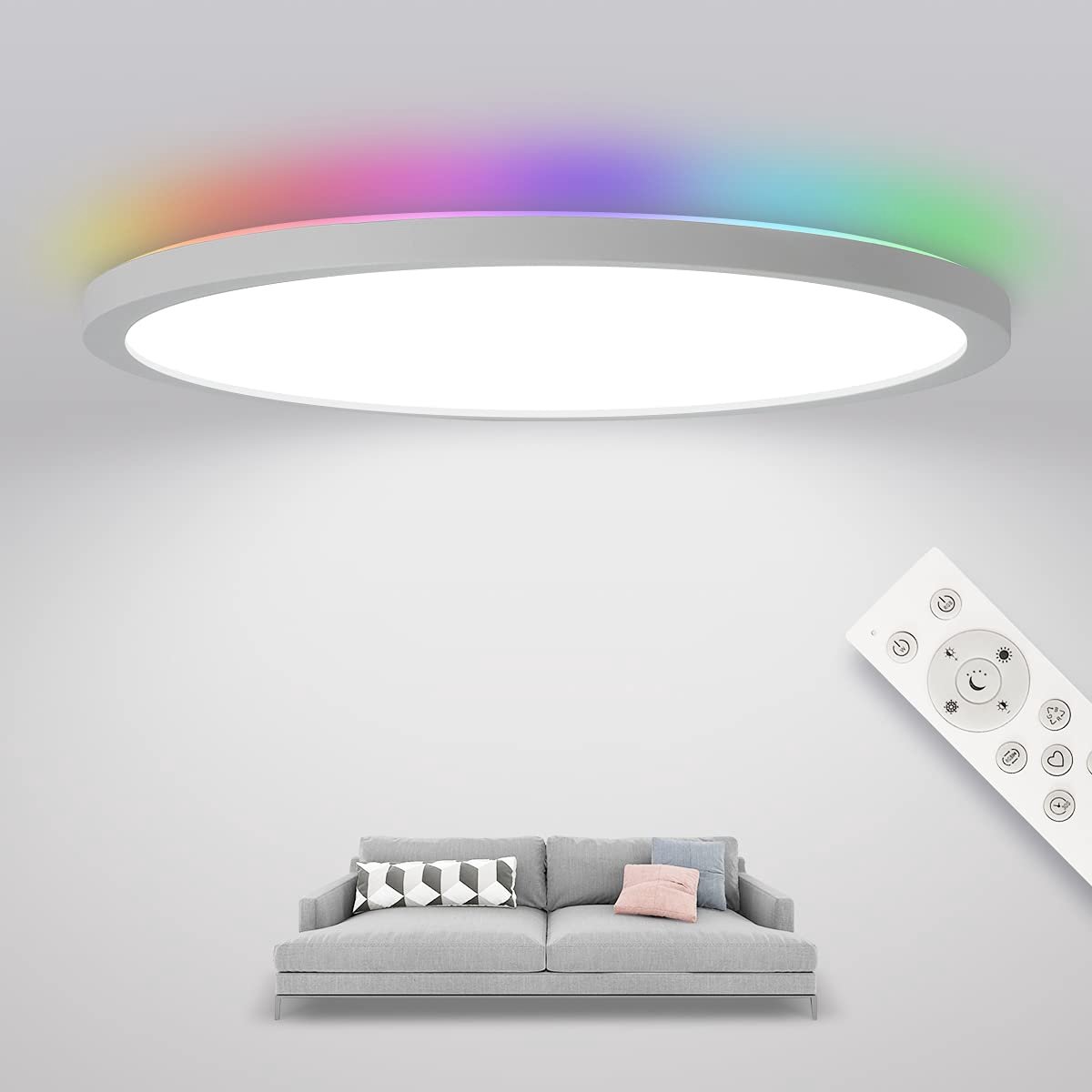 Epochaglo RGB LED Plafondlamp – Dimbaar met Afstandsbediening & Memory – 24W, 2400 lm, Ø30 cm, Wit, Ultra Plat met Achtergrondverlichting