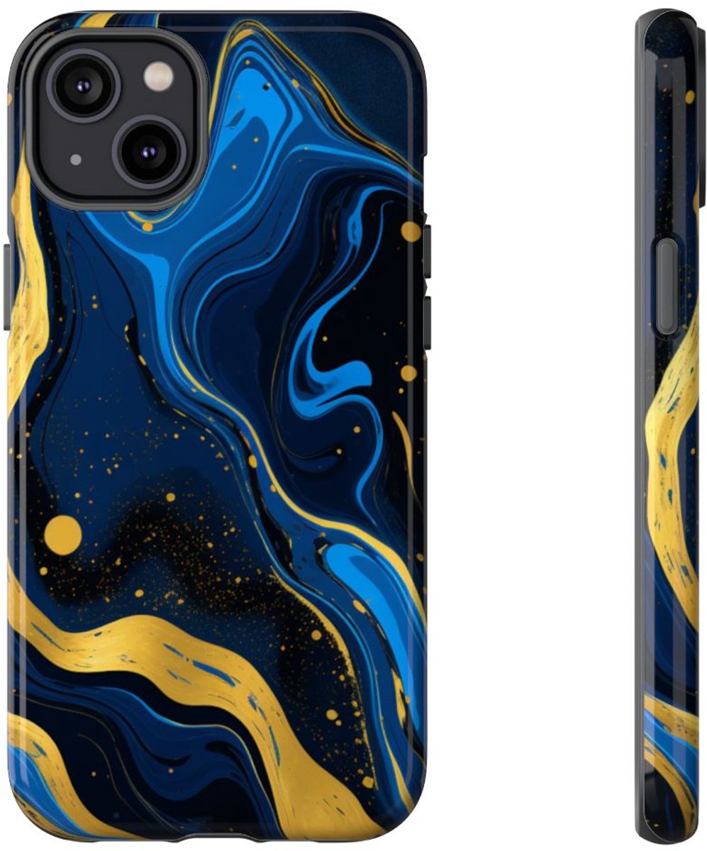 Neonblauw en Goud Marmer Abstract – Telefoonhoesje Geschikt voor iPhone 14 Plus