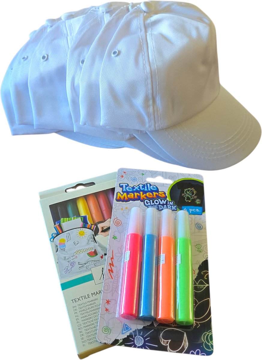 Design je eigen pet/ Petten versier set [Set voor 6 petten] - [kinderfeestje] - [Petten maken] - [Petten kleuren] - [Textielstiften] - [Kinderpetten]