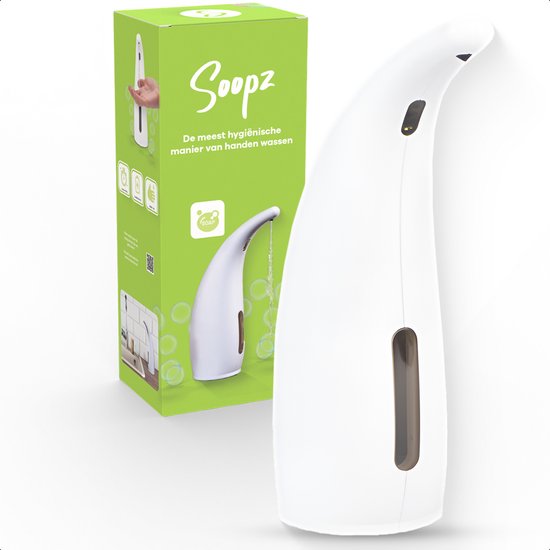 Witte automatische zeepdispenser met gebogen bovenkant, naast de groene verpakking waarop "Soopz" staat en een zeepdispenser is afgebeeld die zeep afgeeft. Tekst: Soopz, De meest hygiënische manier van handen wassen.