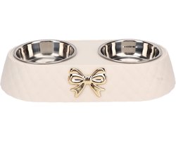 Dubbele voerbakken voor huisdieren - Antislip roestvrijstalen voer- en waterbakken voor huisdieren - met strikdecoratiehouder - voor hond en kat - beige