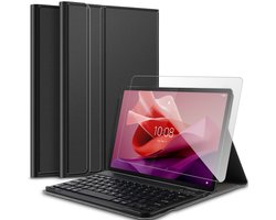 Hoes met toetsenbord geschikt voor Lenovo Tab P12 12.7 inch 2023 - Screen Protector GlassGuard - Keyboard Book Case Cover Hoesje Zwart & Screenprotector