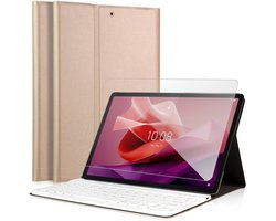 Hoes met toetsenbord geschikt voor Lenovo Tab P12 12.7 inch 2023 - Screen Protector GlassGuard - Keyboard Book Case Cover Hoesje Goud & Screenprotector