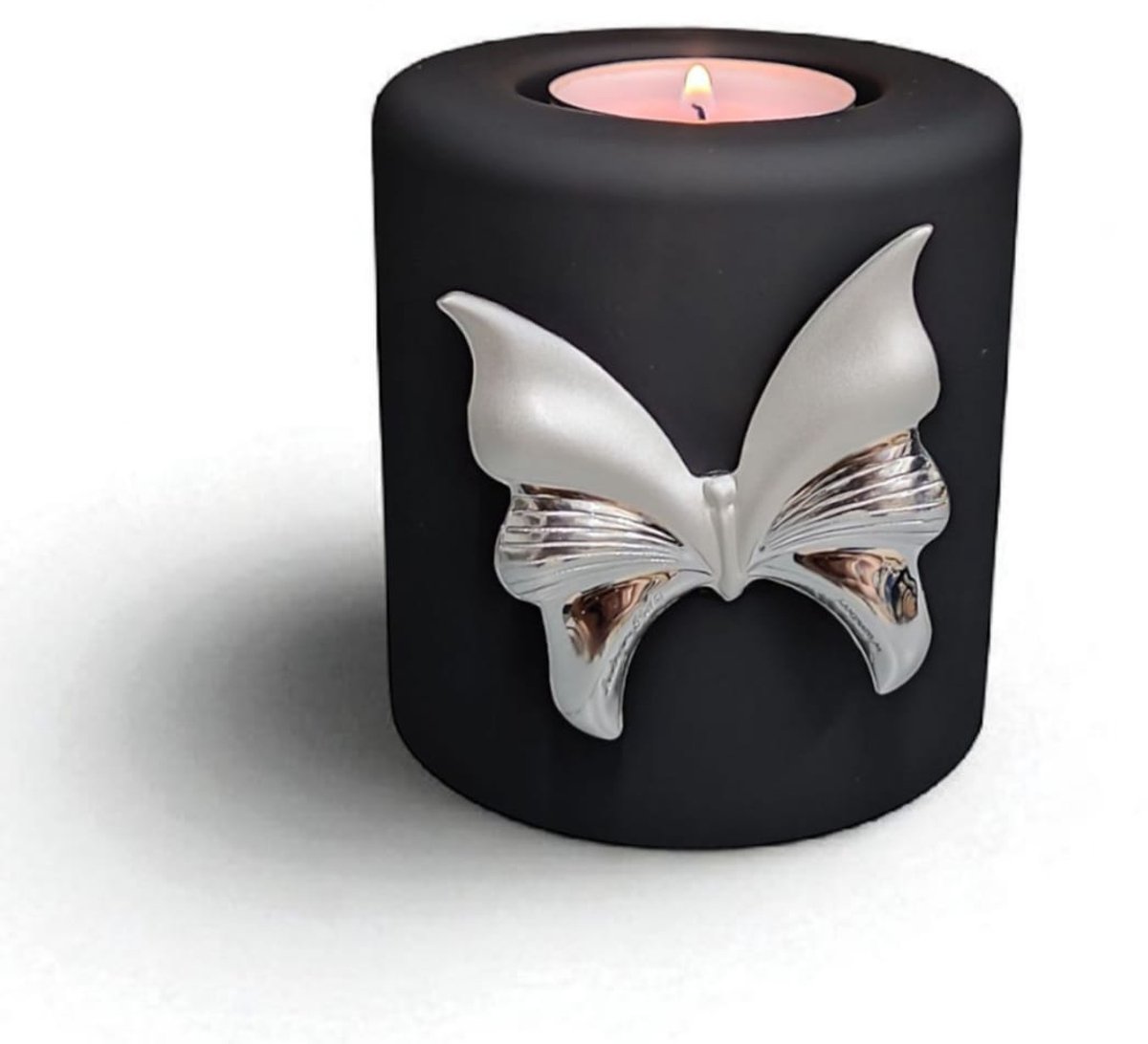 Mini Urn met kaarshouder - Glas - Handgemaakt - Zwart / Zilver - 180 ml - Urn voor mensen - Urn voor dieren - Incl. deksel, kaarsje & aszakje - verzilverde vlinder (.925)