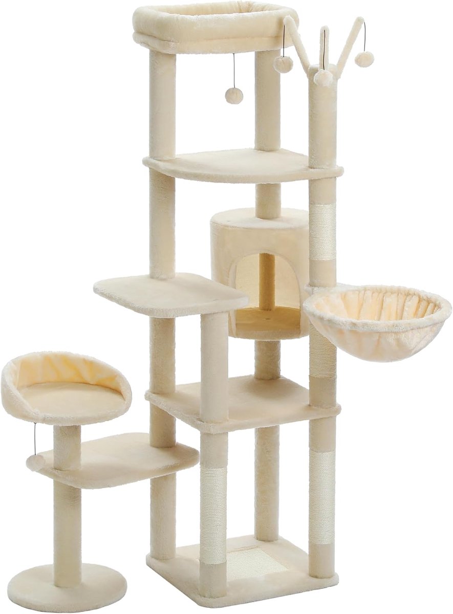 Retadou – 150 cm hoge kattenboom voor grote kat, kattentoren met meerdere verdiepingen, kattenkrabpaal voor huiskatten, kattenwoning met grote hangmat, krabpaal en 2 zitstangen, beige