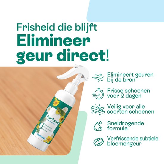 Fles "shoefresh" schoenparfum met bloemenprint. Tekst: "Frisheid die blijft Elimineer geur direct!". Iconen: eliminatie geur, 48 uur fris, veilig voor alle schoenen.